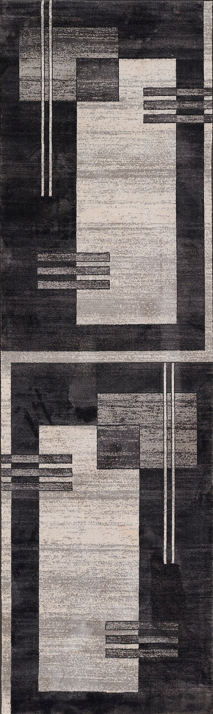 Abstract geometric rug in black, gray and cream with vertical rectangles and strip accents.