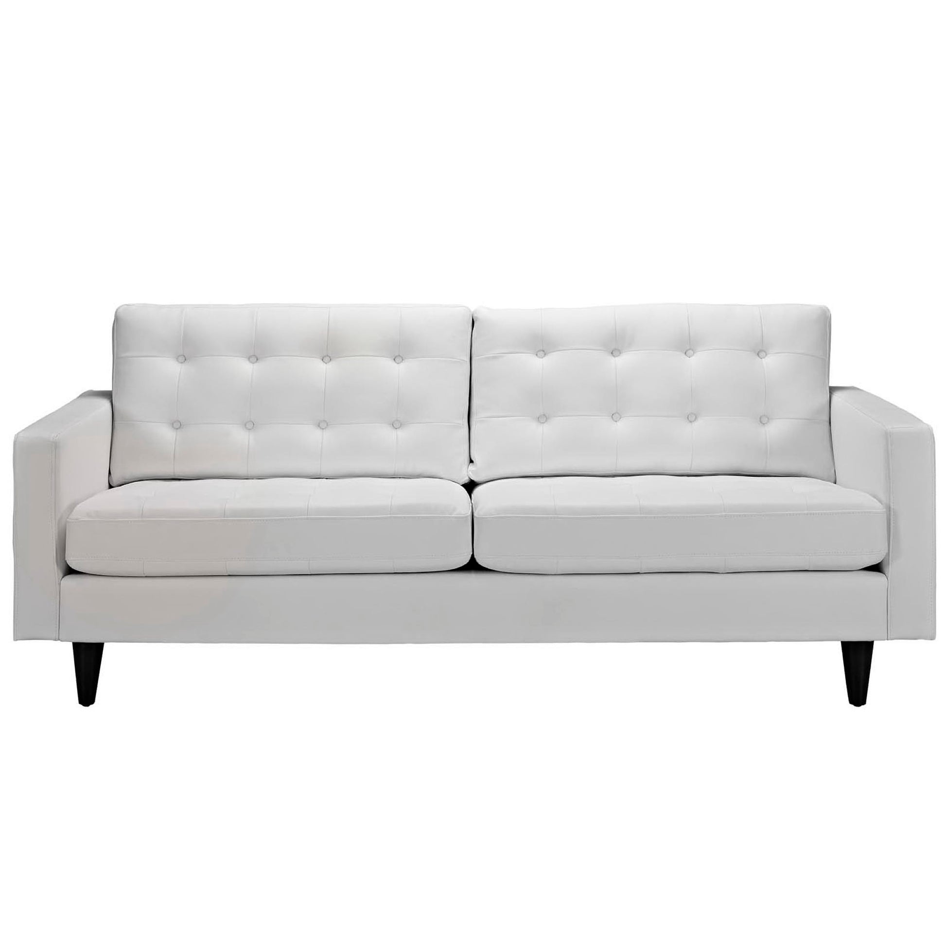 White bonded leather sofa with two seat cushions, buttoned back cushions, rectangular arms and dark tapered legs.