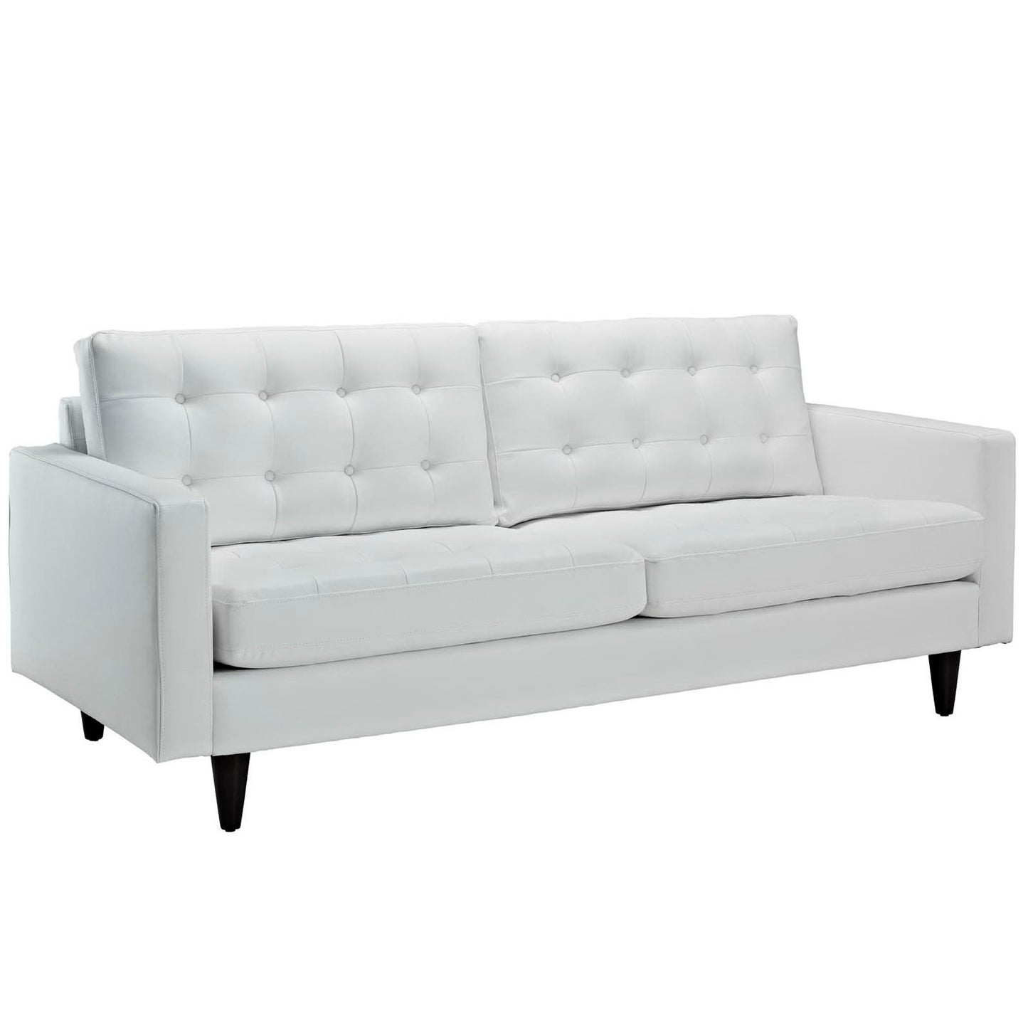 White bonded leather 2-seater sofa with tufted back cushions, clean lines, square arms and black tapered legs.