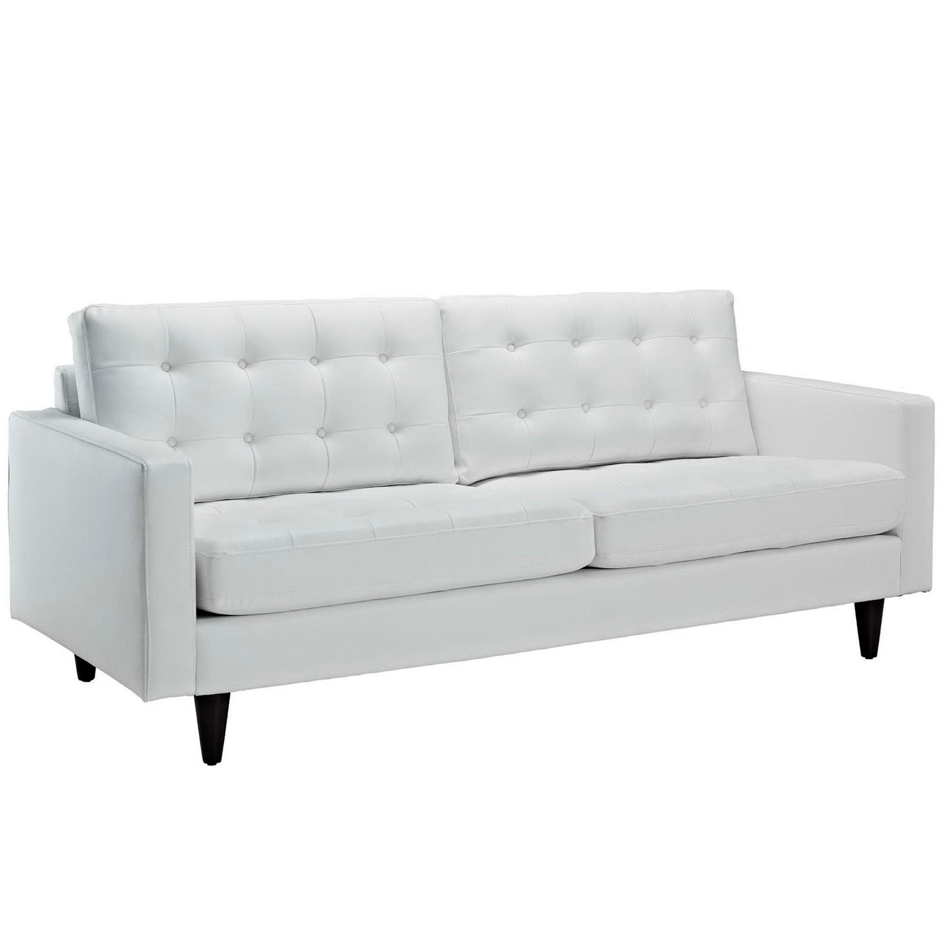 White bonded leather 2-seater sofa with tufted back cushions, clean lines, square arms and black tapered legs.