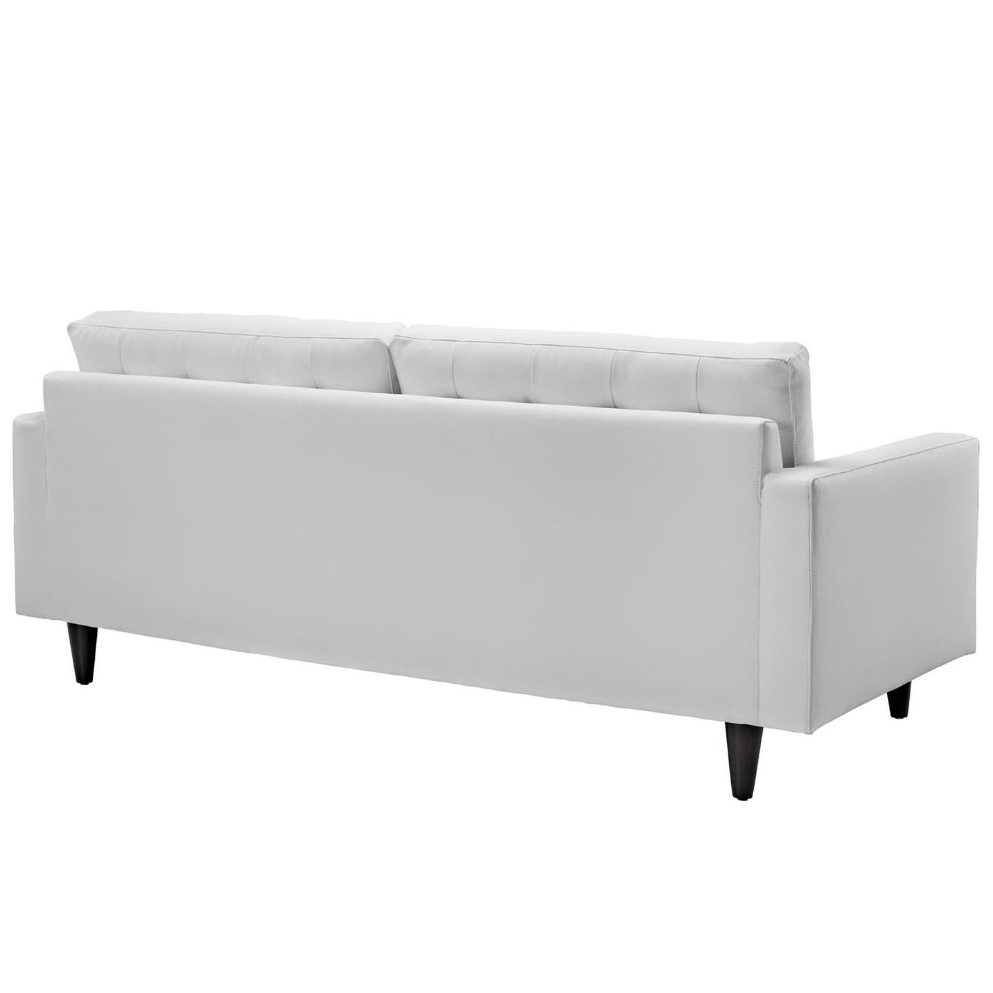 White bonded leather 3-seat sofa with square arms, tufted back cushions, and tapered dark wood legs.