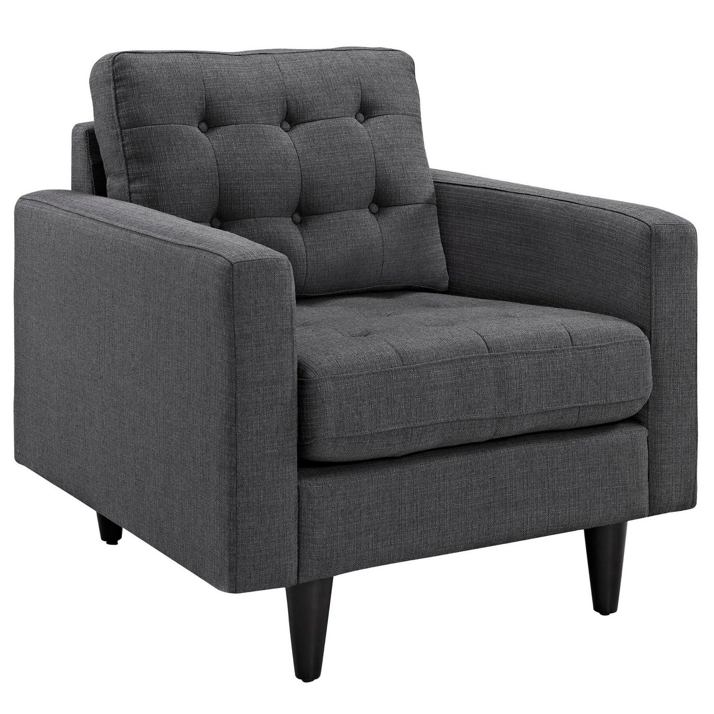 Dark gray tufted fabric accent chair with buttoned back, wide arms, cushioned seat, and tapered black legs.