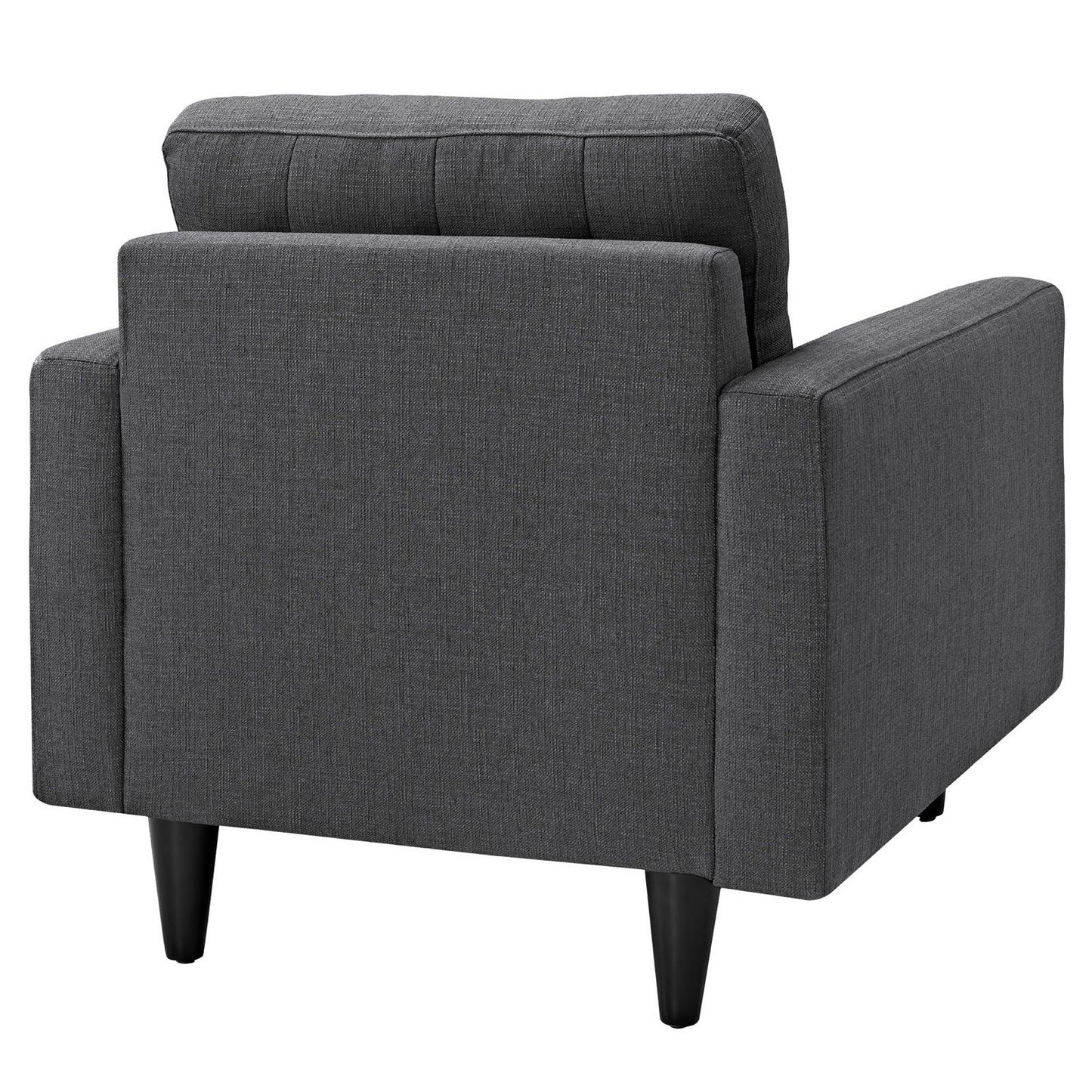 Dark gray fabric armchair with square arms, cushioned back, and black tapered legs; modern mid-century style.