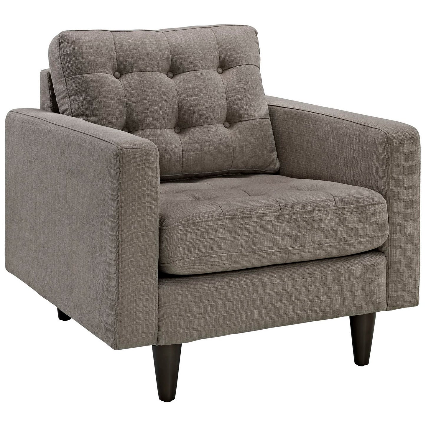 Gray textured fabric tufted armchair with square arms, cushioned seat and back, dark tapered legs.