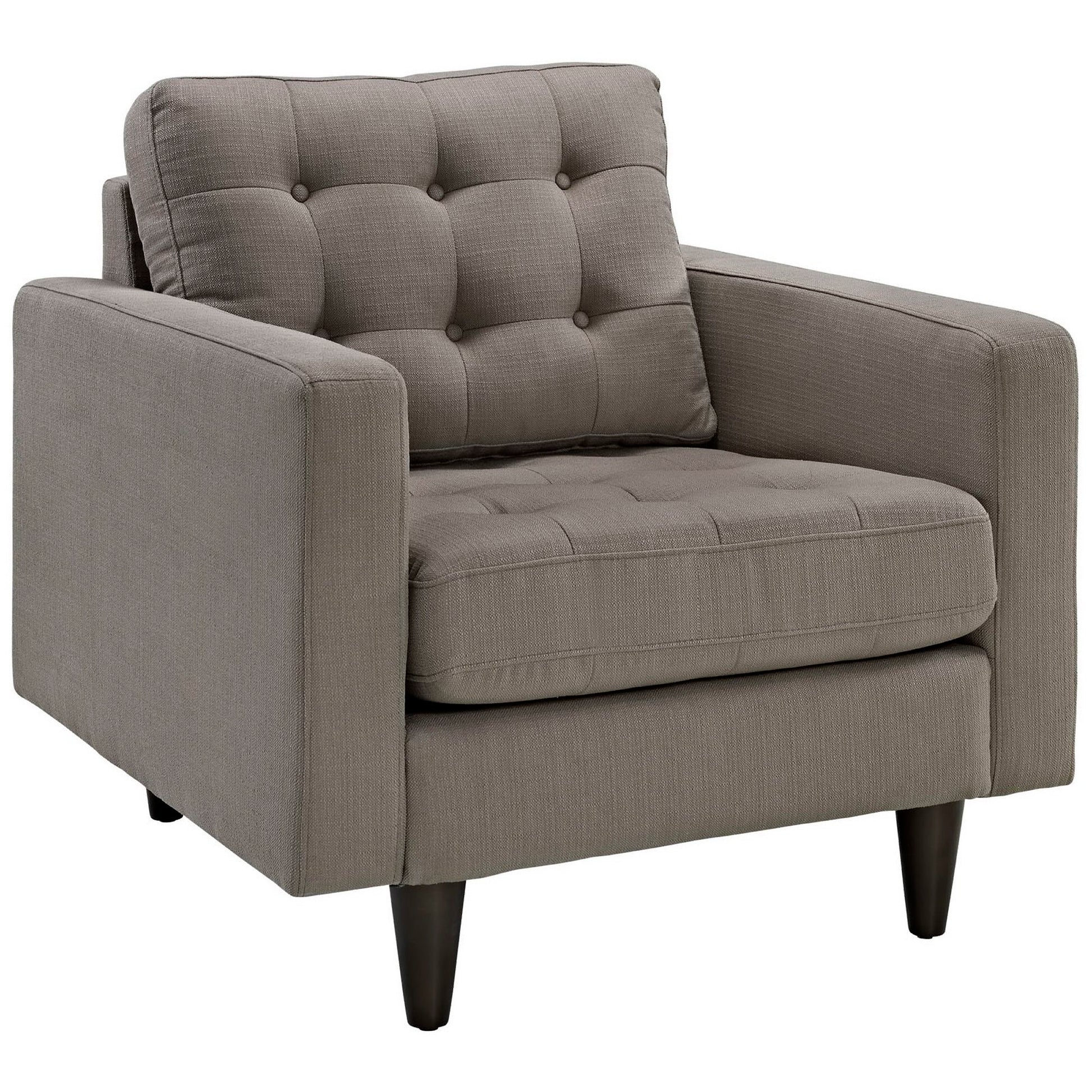 Gray textured fabric tufted armchair with square arms, cushioned seat and back, dark tapered legs.