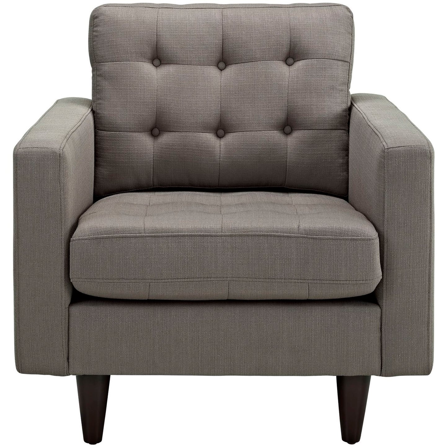 Gray fabric armchair with tufted back, cushioned seat, square arms, dark wood tapered legs.