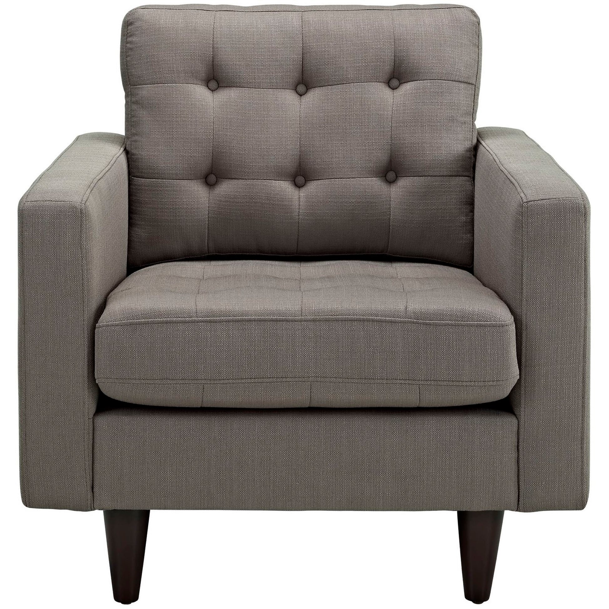 Gray fabric armchair with tufted back, cushioned seat, square arms, dark wood tapered legs.