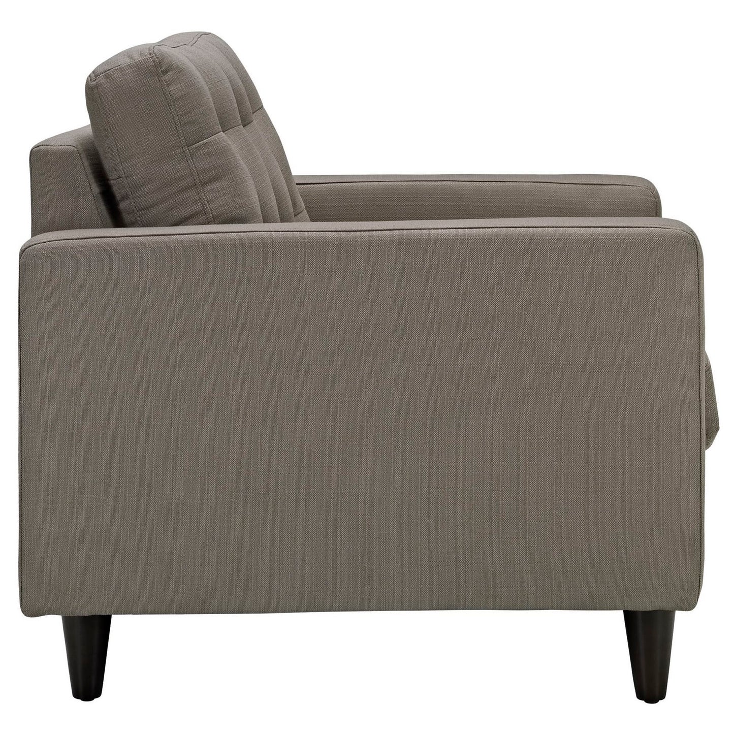 Taupe fabric upholstered modern armchair with boxed back cushions and tapered dark legs.