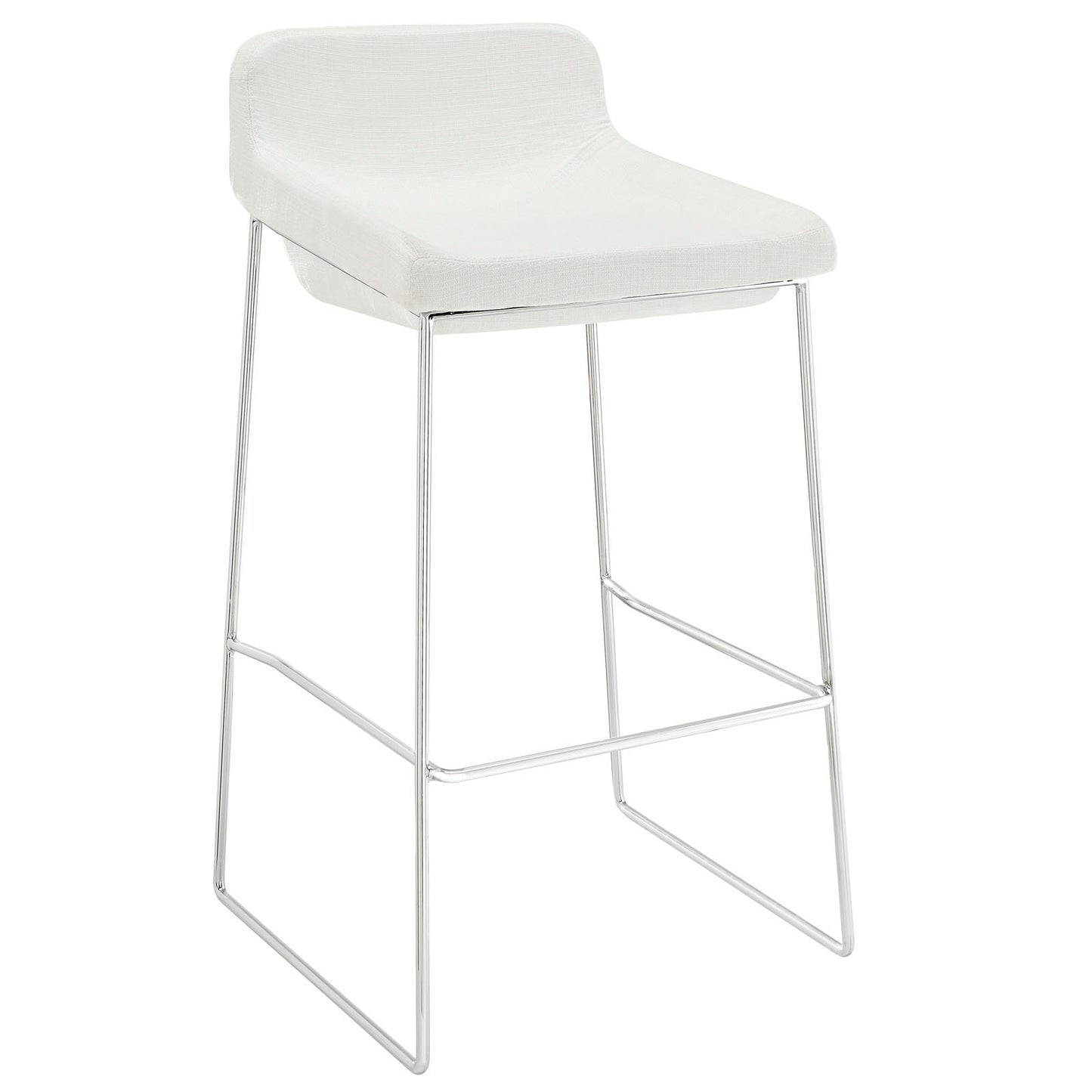 White upholstered bar stool with a chrome tubular frame, curved backrest, & front footrest.