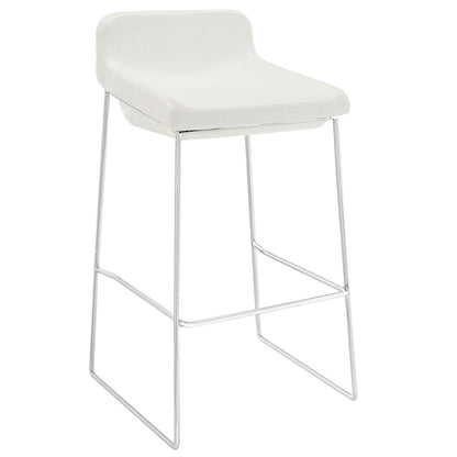 White upholstered bar stool with a chrome tubular frame, curved backrest, & front footrest.
