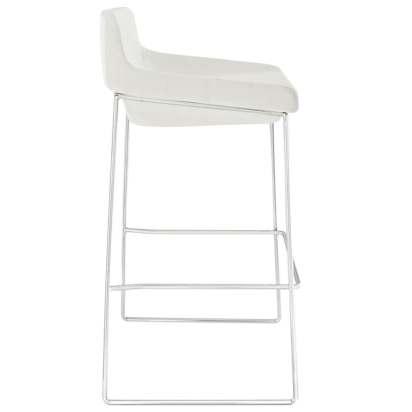 White upholstered bar stool with chrome legs, built-in footrest, and curved backrest.