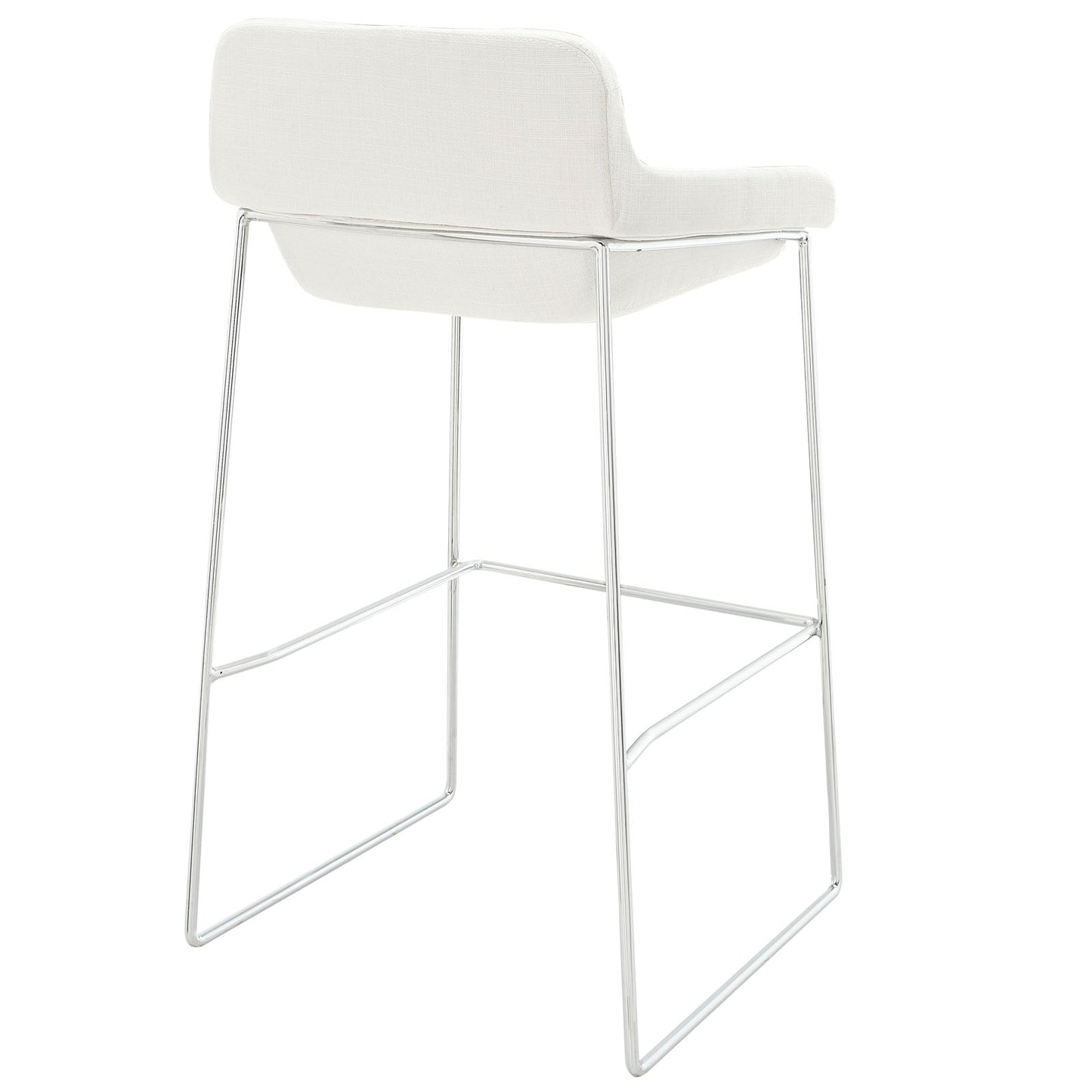 White upholstered bar stool with chrome metal frame & backrest; modern minimalist kitchen island seating.