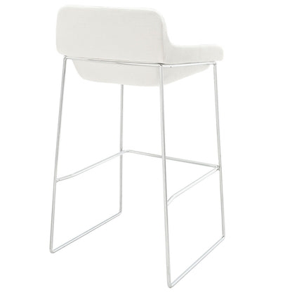 White upholstered bar stool with chrome metal frame & backrest; modern minimalist kitchen island seating.