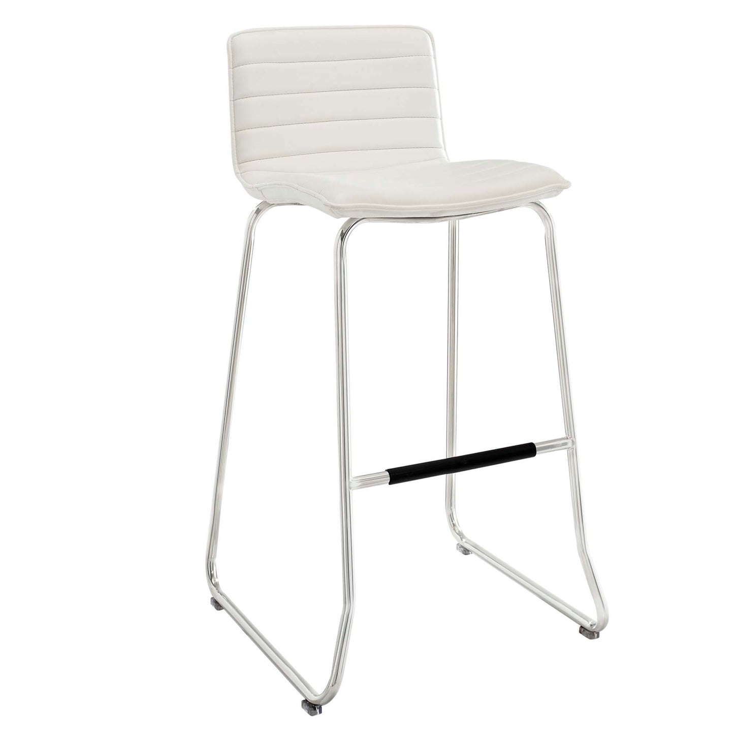 White upholstered bar stool with padded backrest, chrome tubular legs, and black footrest.