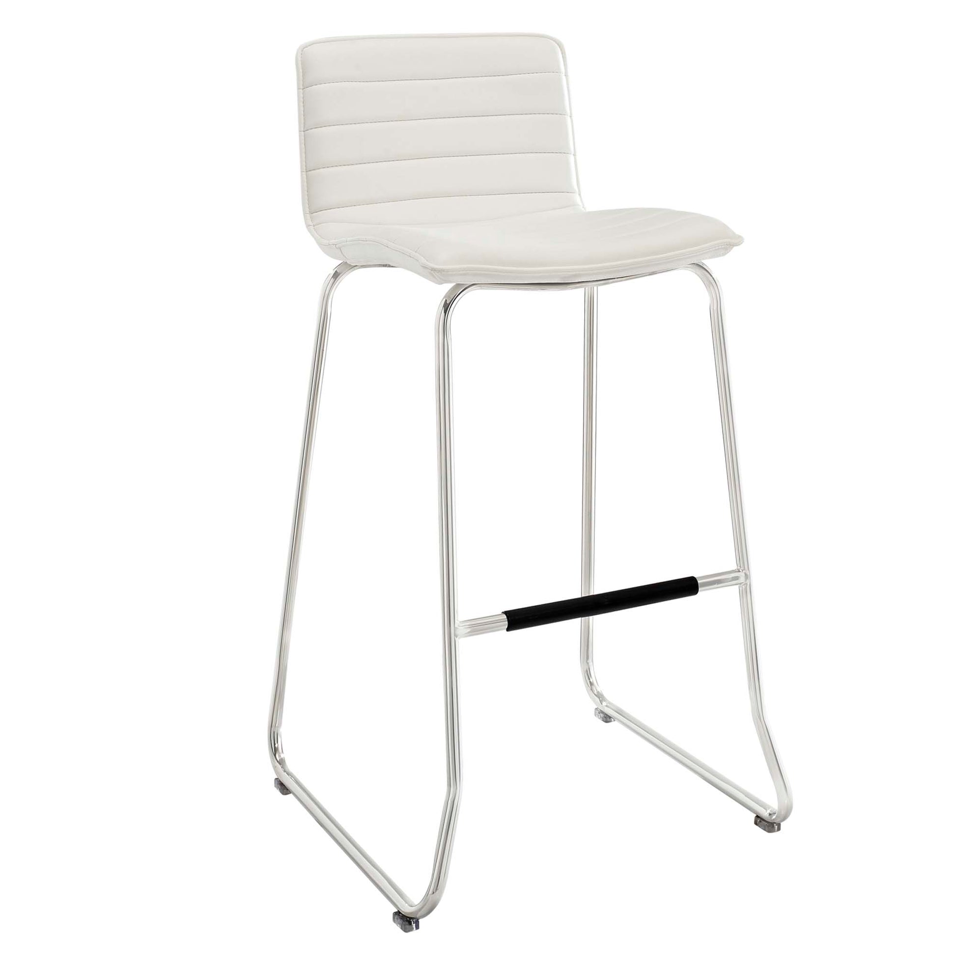 White upholstered bar stool with padded backrest, chrome tubular legs, and black footrest.