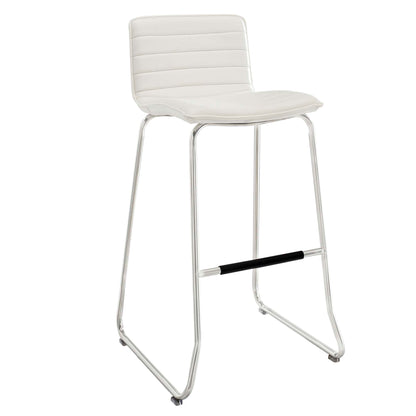 White upholstered bar stool with padded backrest, chrome tubular legs, and black footrest.