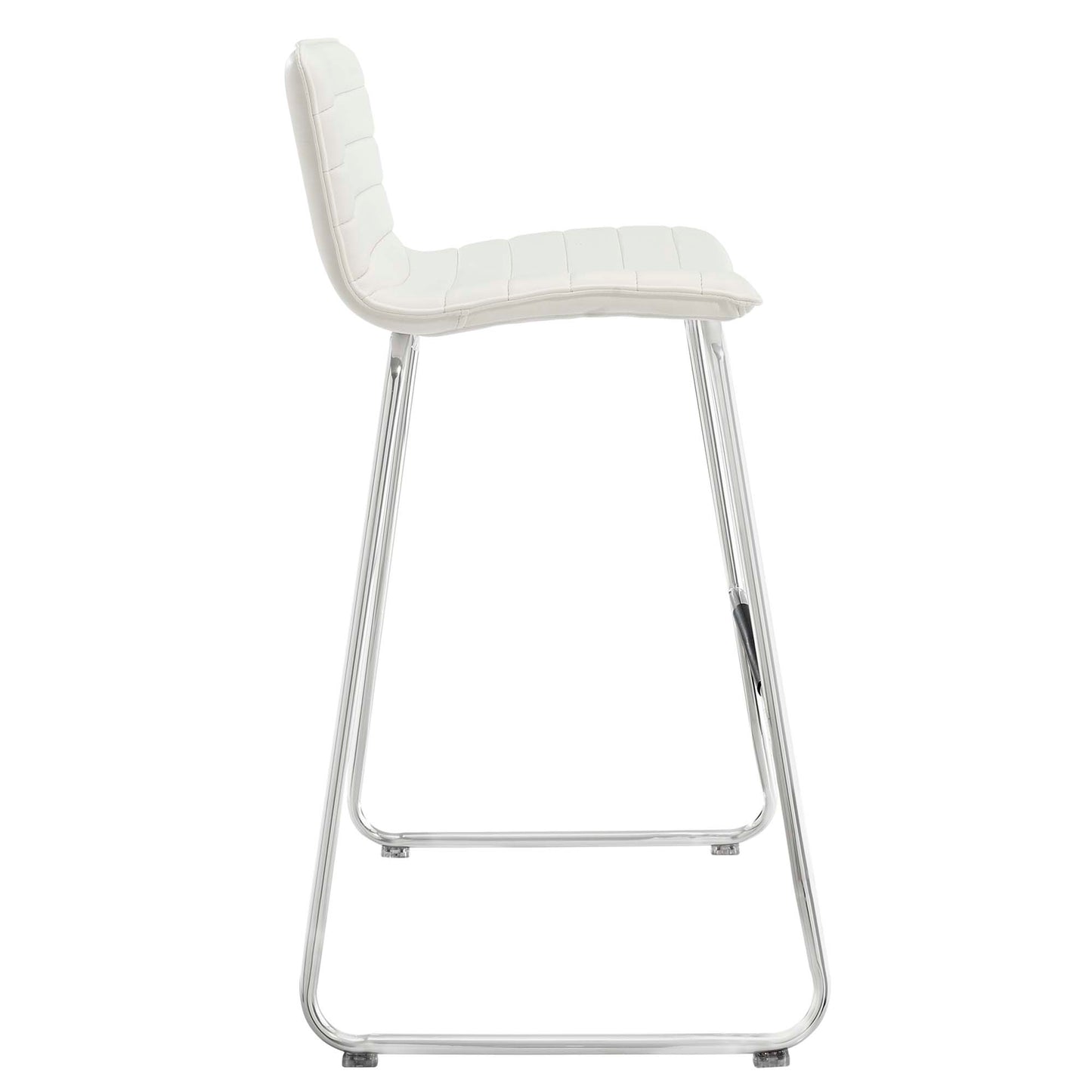White quilted bar stool with chrome cantilever legs and built-in footrest.