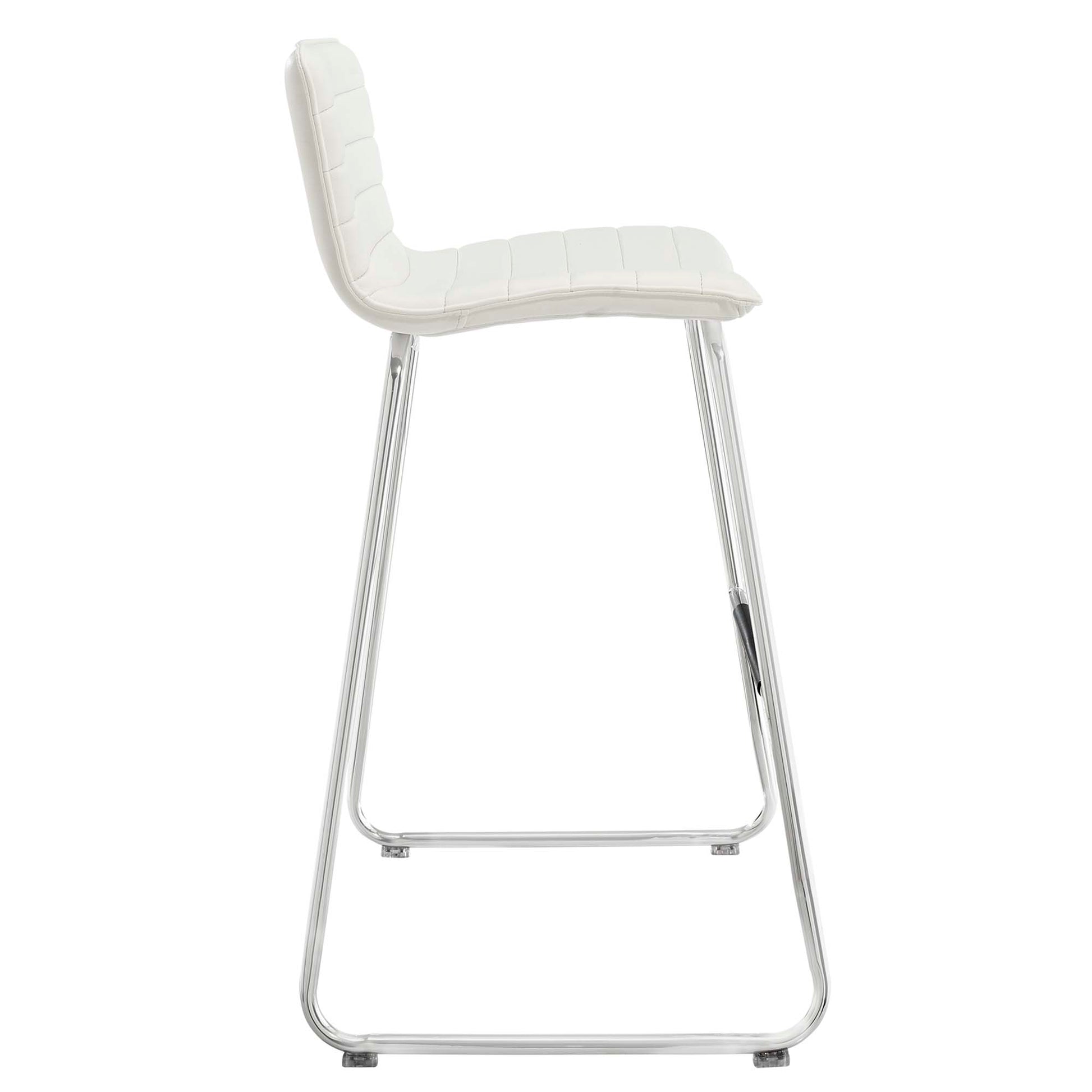 White quilted bar stool with chrome cantilever legs and built-in footrest.