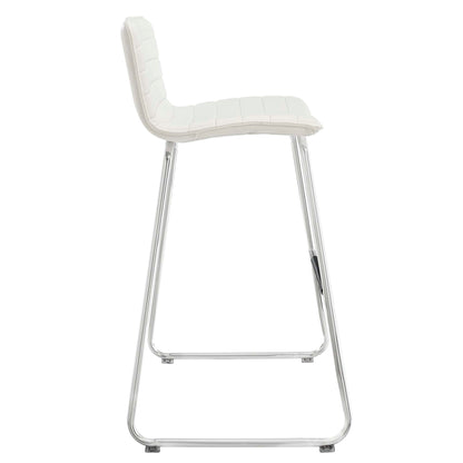 White quilted bar stool with chrome cantilever legs and built-in footrest.