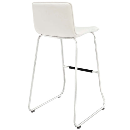 White upholstered back and seat bar-stool with chrome tubular frame and footrest.