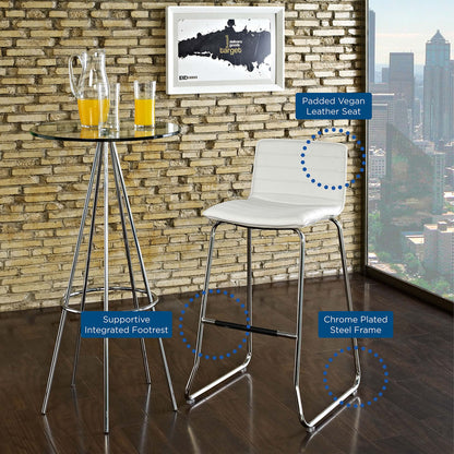 White padded vegan leather bar stool with chrome plated steel cantilever frame and footrest beside a round glass top table.