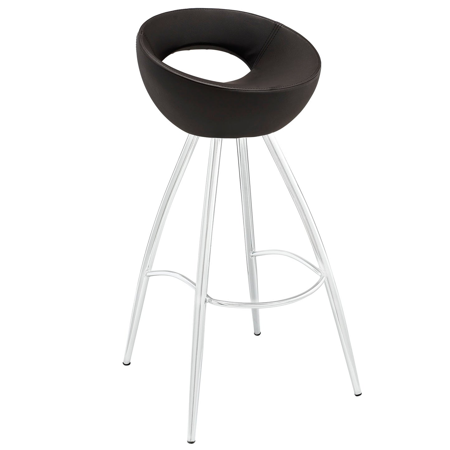 Brown round-padded bar stool with chrome metal legs and circular footrest.