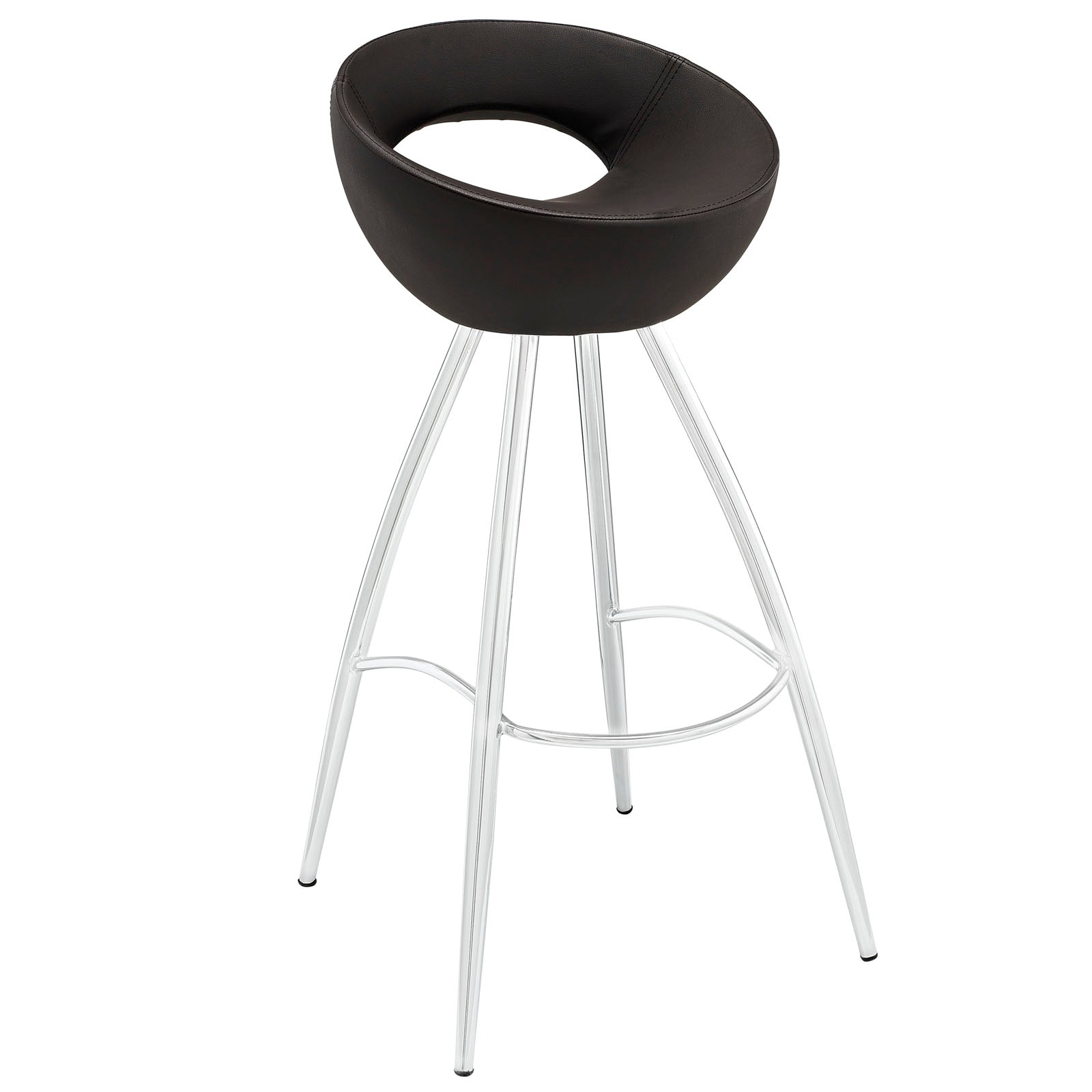 Brown round-padded bar stool with chrome metal legs and circular footrest.