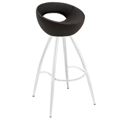 Brown round-padded bar stool with chrome metal legs and circular footrest.