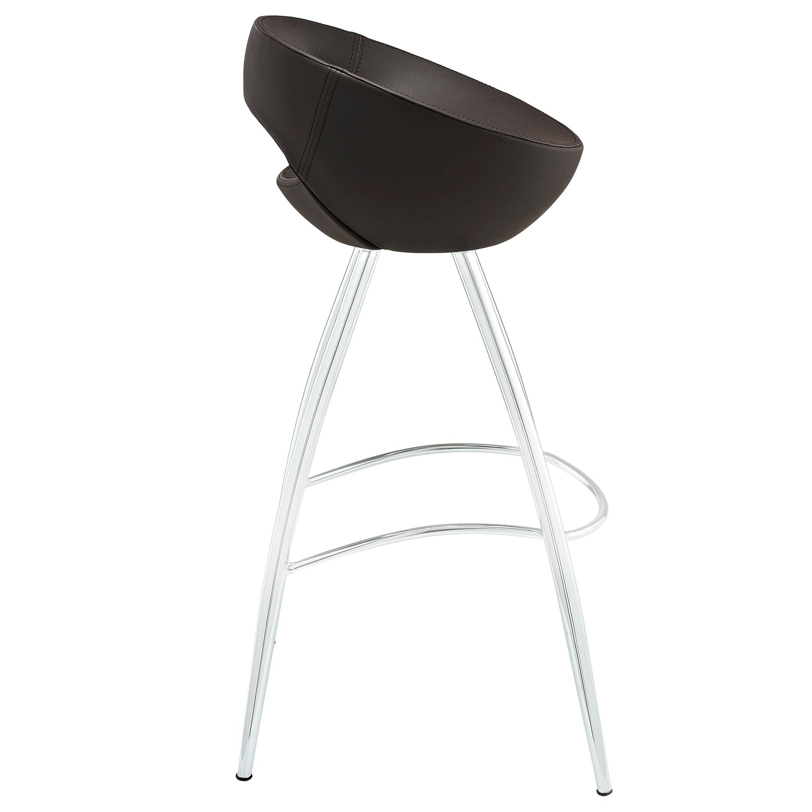 Brown faux leather bowl seat bar stool with chrome metal legs and circular footrest.
