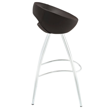 Brown faux leather bowl seat bar stool with chrome metal legs and circular footrest.