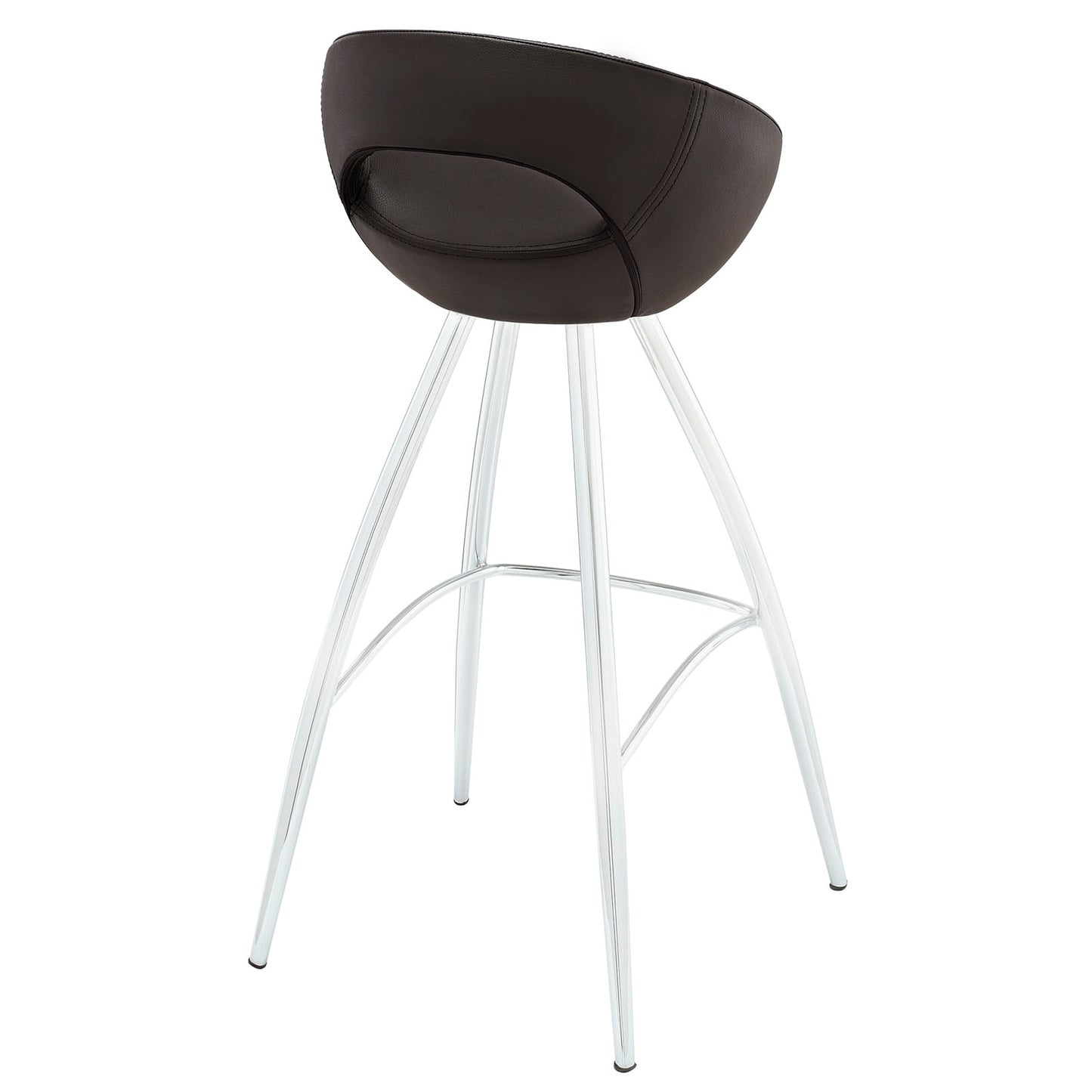 Brown leatherette bucket bar stool with white metal four-leg base and curved footrest.