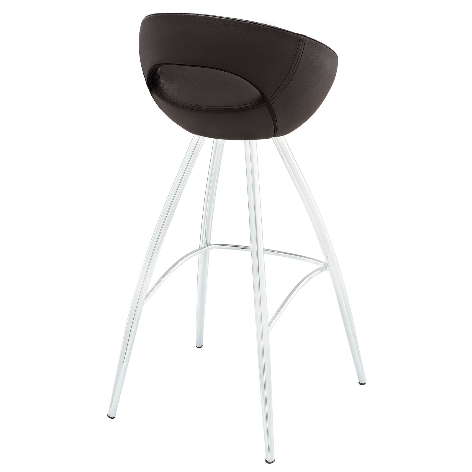Brown leatherette bucket bar stool with white metal four-leg base and curved footrest.