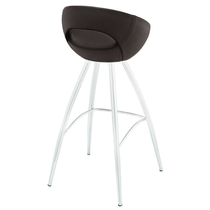 Brown leatherette bucket bar stool with white metal four-leg base and curved footrest.