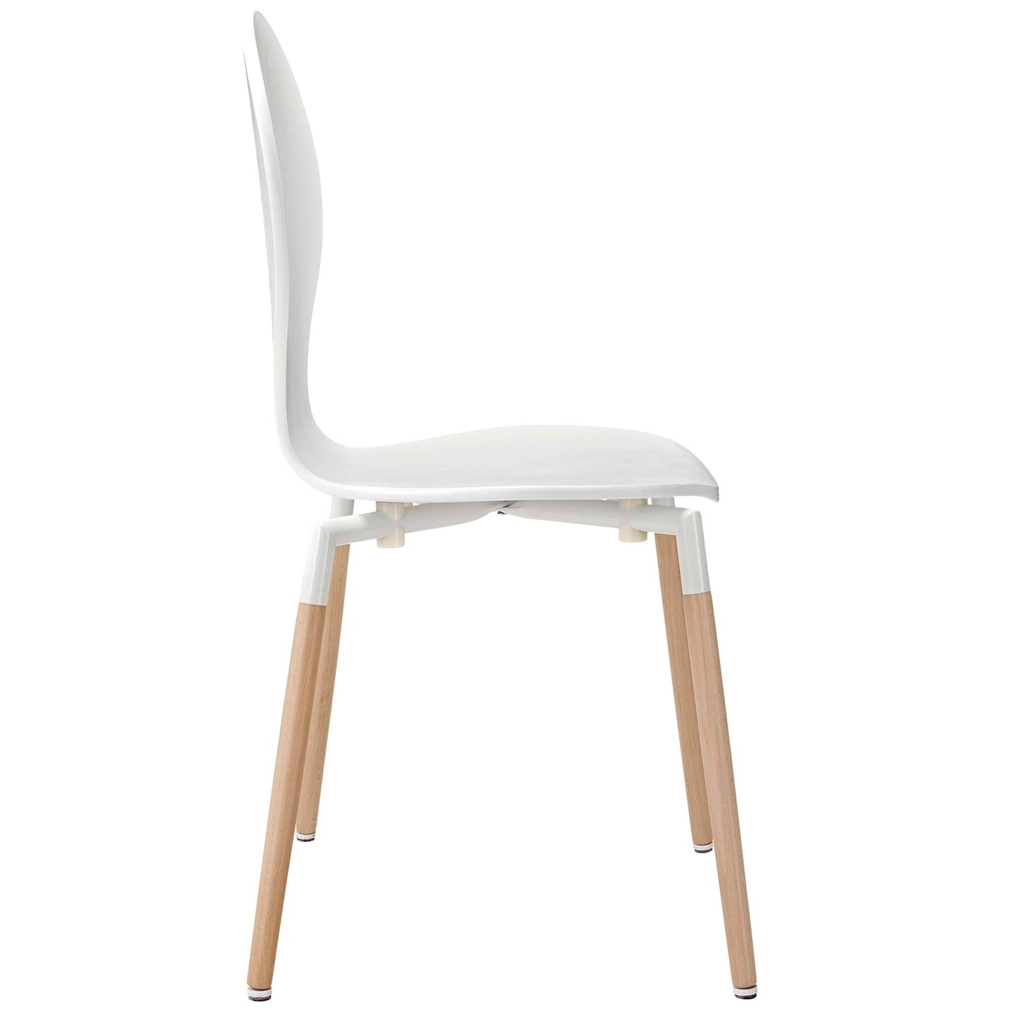 White molded plastic dining chair with curved backrest and natural wood legs.