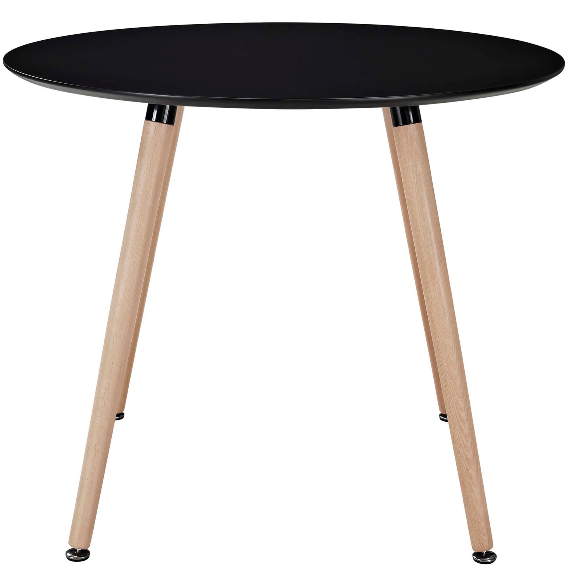 Round black dining table with three natural wood tripod legs