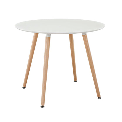 Round white tabletop with natural wood angled legs, mid-century modern dining table.