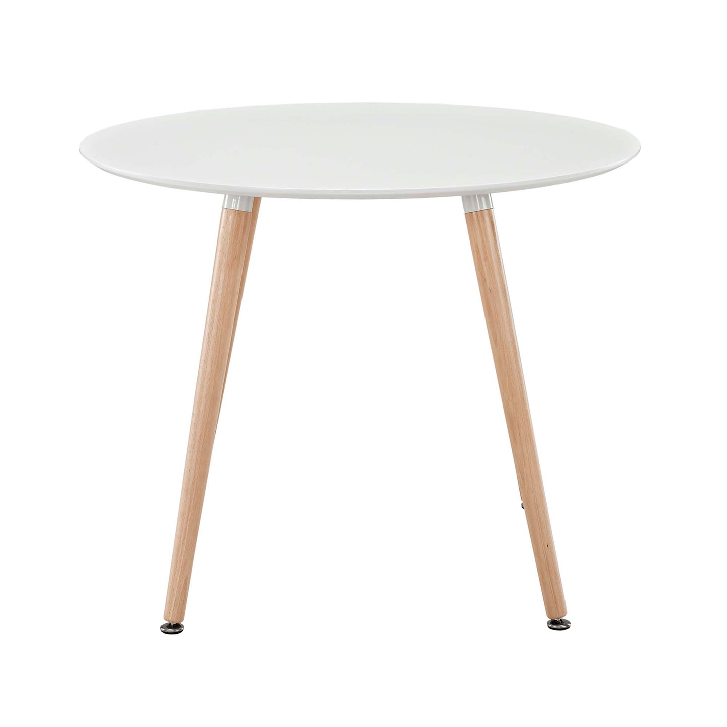 Round white tabletop with natural wood angled legs, mid-century style coffee/side table.