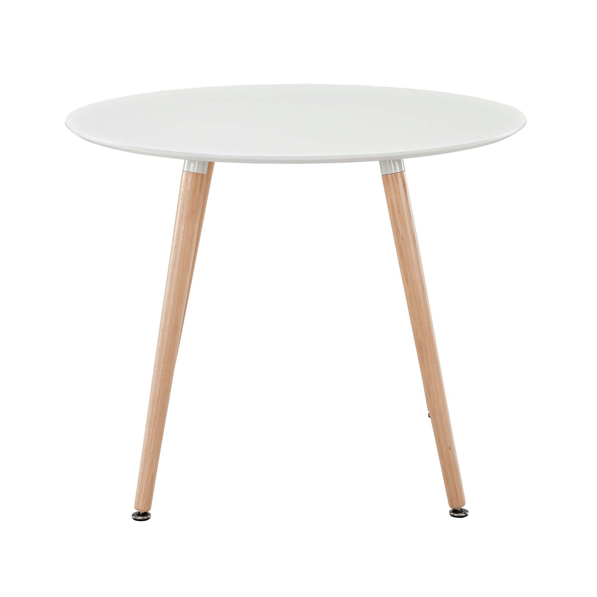 Round white tabletop with natural wood angled legs, mid-century style coffee/side table.