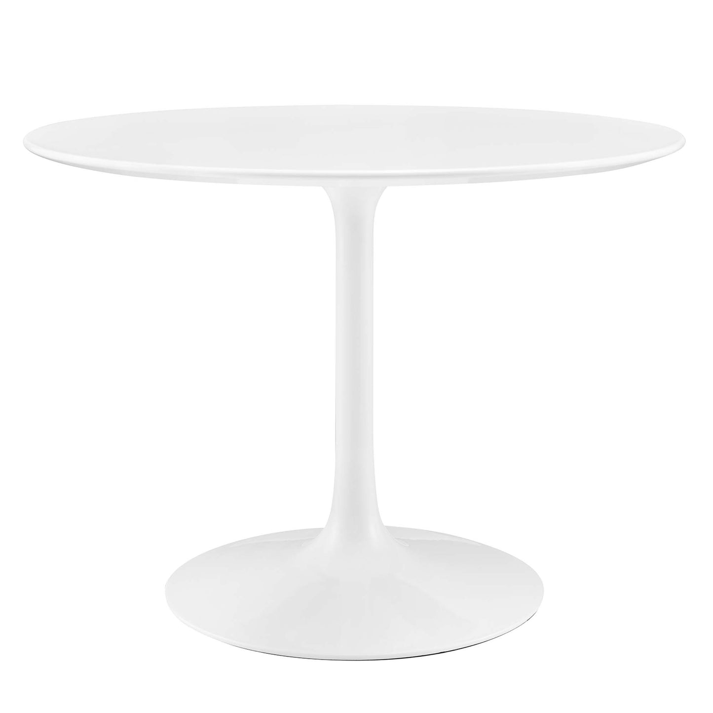 White round wood dining table with tulip-style pedestal and circular base.