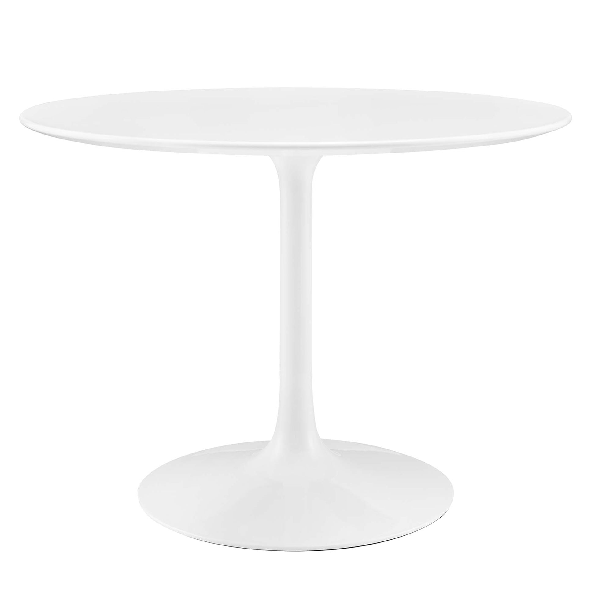 White round wood dining table with tulip-style pedestal and circular base.