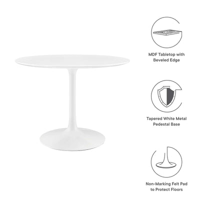 White round pedestal table with beveled MDF top and tapered white metal pedestal base; non-marking felt pads.