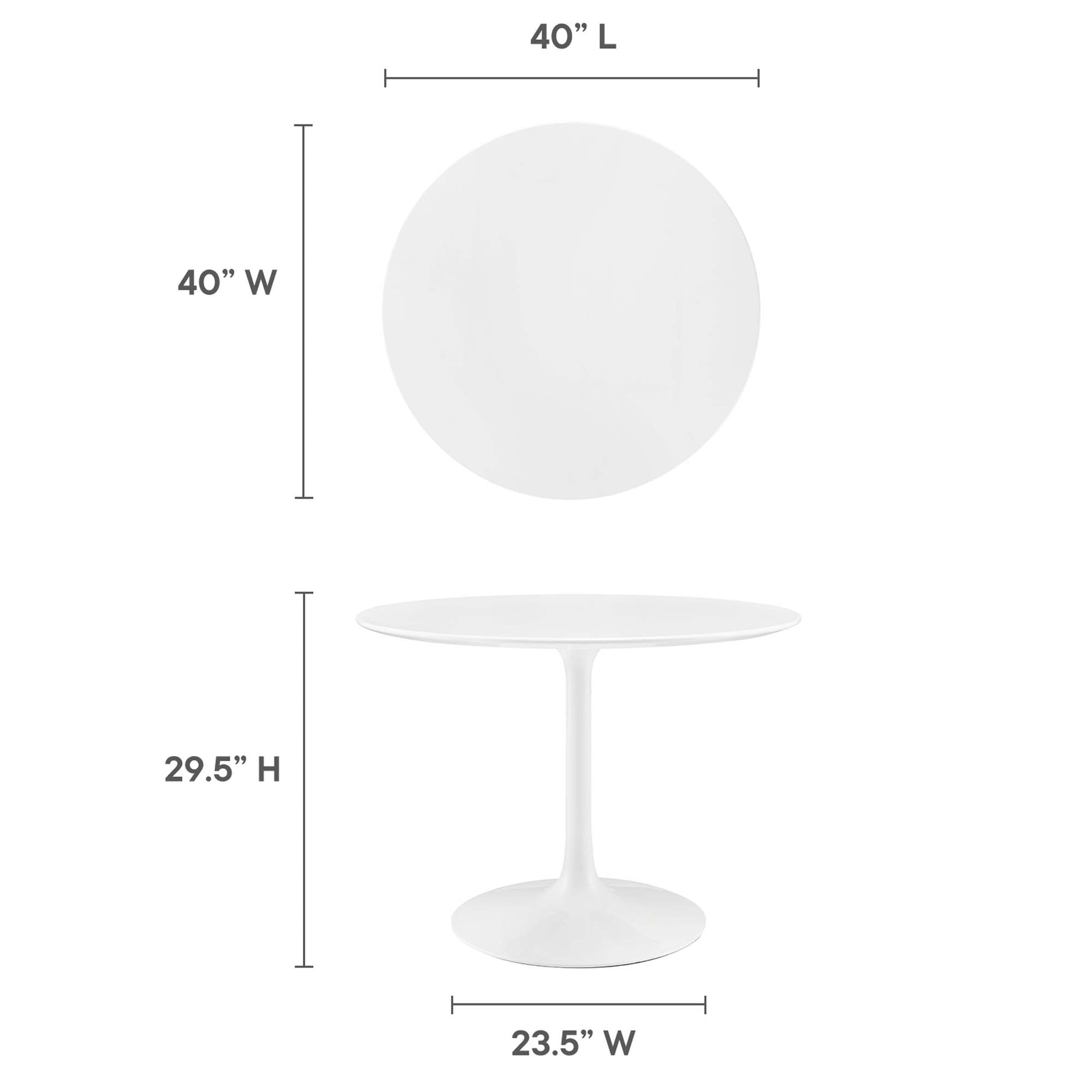 White round dining table on a tulip pedestal base, 23.5" diameter, 29.5" height; modern minimalist.