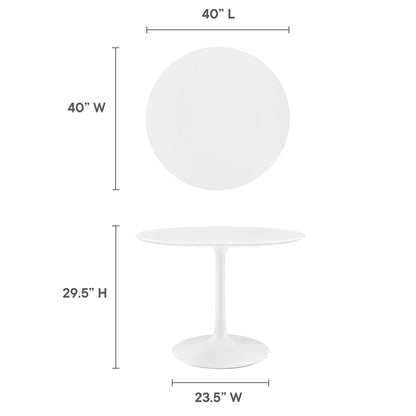 White round dining table on a tulip pedestal base, 23.5" diameter, 29.5" height; modern minimalist.