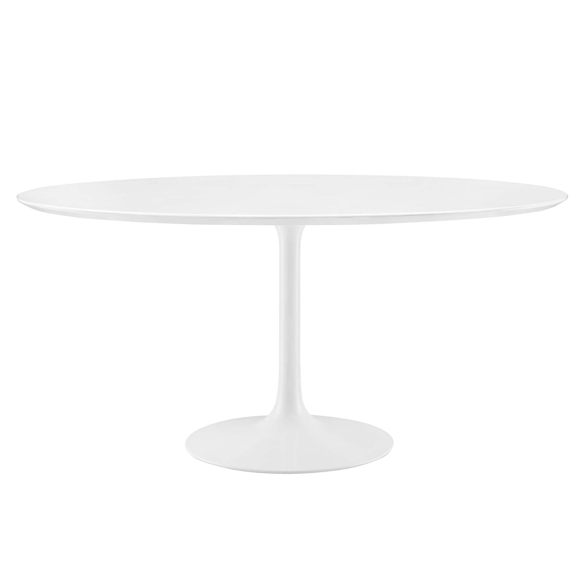 White round pedestal dining table with a single tapered central leg and circular base.