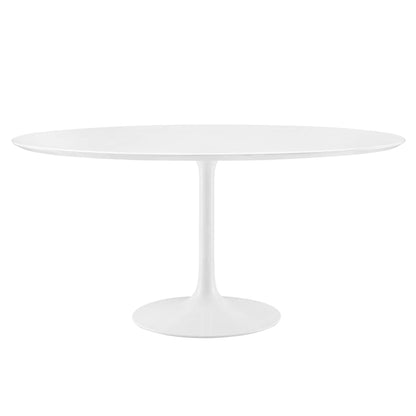White round pedestal dining table with a single tapered central leg and circular base.