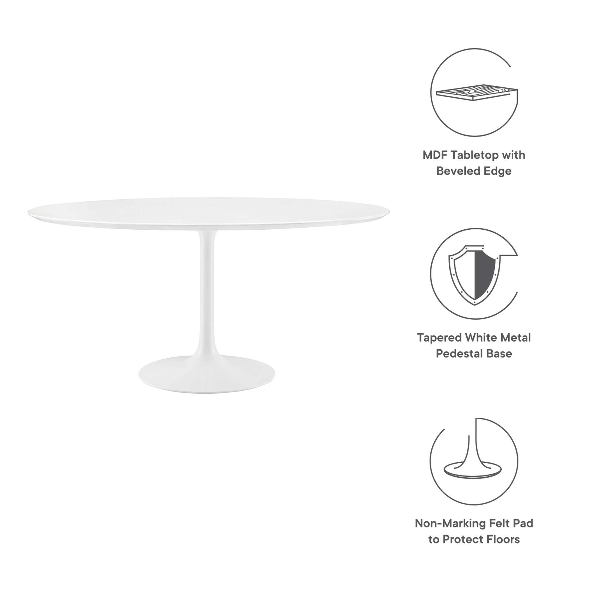 White round MDF tabletop with beveled edge on a tapered white metal pedestal base, with non-marking felt pads.