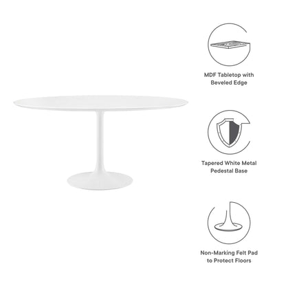 White round MDF tabletop with beveled edge on a tapered white metal pedestal base, with non-marking felt pads.