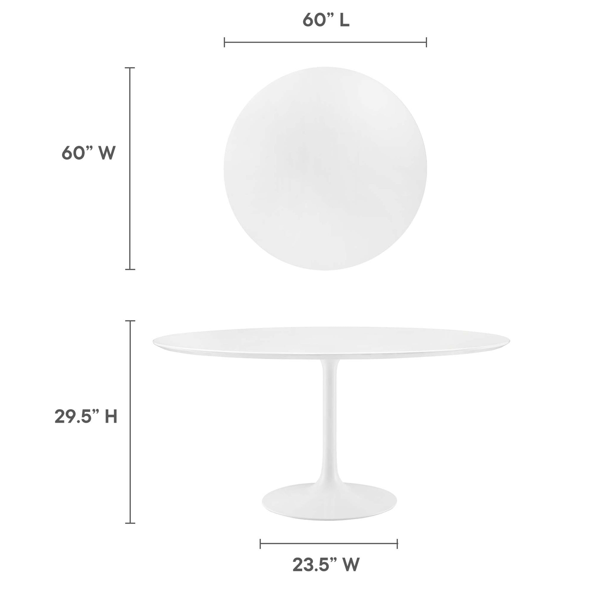 White round dining table on tulip pedestal, 60" diameter, 29.5" high, 23.5" base width.