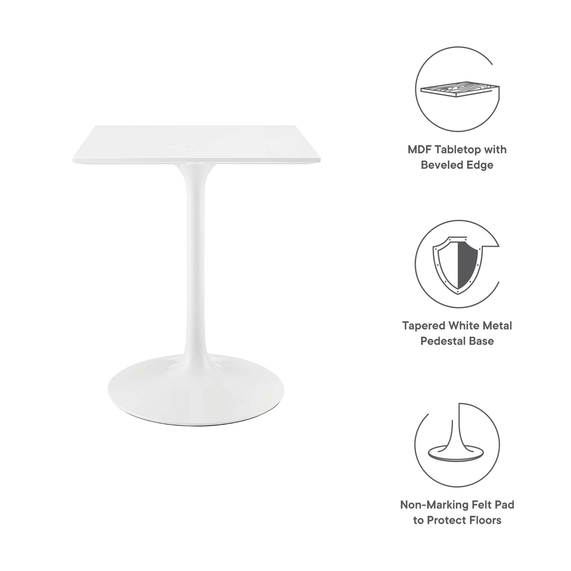 White MDF square tabletop with beveled edge on a tapered white metal pedestal base; modern side table.