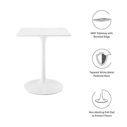 White MDF square tabletop with beveled edge on a tapered white metal pedestal base; modern side table.